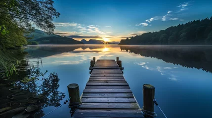 Selbstklebende Fototapeten calm lake in the morning seen from a wooden pier © Christopher