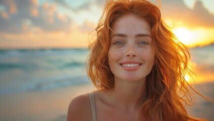 Sensitive portrait of beautiful Red hair young calm smiling woman with grey eyes and charming freckles looking at camera while evening beach walk. Diverse human beauty, fashion and skincare concepts - obrazy, fototapety, plakaty