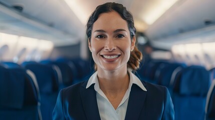 smiling flight attendant standing in a plane aisle, rows of seats behind, closeup