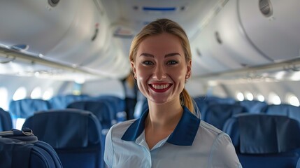 smiling flight attendant standing in a plane aisle, rows of seats behind, closeup