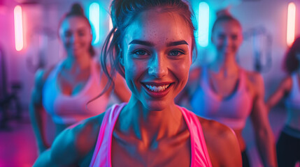 Fototapeta na wymiar Young woman participating in an intensive workout class at the gym