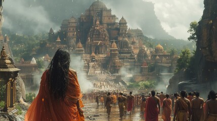 a girl travel to ancient shiva hindu god city in the cloud - obrazy, fototapety, plakaty