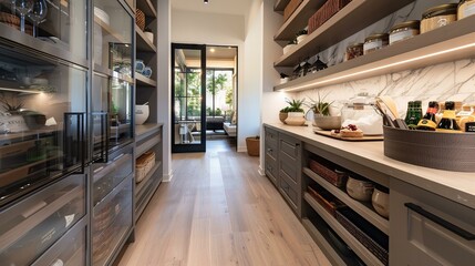 big modern pantry with food storage shelves and cooking supplies - obrazy, fototapety, plakaty