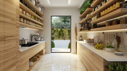 big modern pantry with food storage shelves and cooking supplies - obrazy, fototapety, plakaty