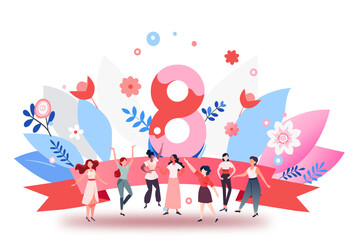 International Women's Day concept with happy multinational diverse women celebrate womens day. Struggling for freedom, independence, equality. Flat style vector illustration