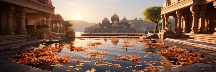 spring morning, stunning ancient stone hindu temple interior, temple spires in distant background