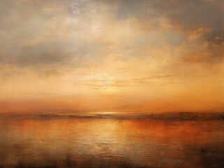 Obraz premium A high-quality painting capturing a vibrant sunset over a reflective body of water, showcasing a blend of warm colors and serene atmosphere.