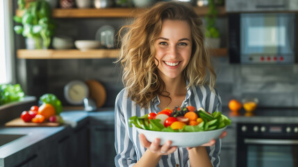 Smiling woman cooking fresh vegetables salad in the kitchen, promoting a healthy vegetarian lifestyle and nutritious eating.