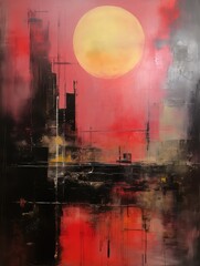 Fototapeta premium This painting showcases a cityscape with prominent red and yellow hues, exuding a bold and colorful aesthetic.