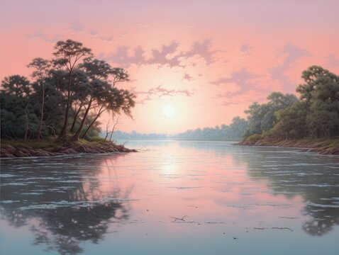 A realistic painting depicting the sun slowly setting over a calm river, with vibrant orange and pink hues reflecting on the waters surface.