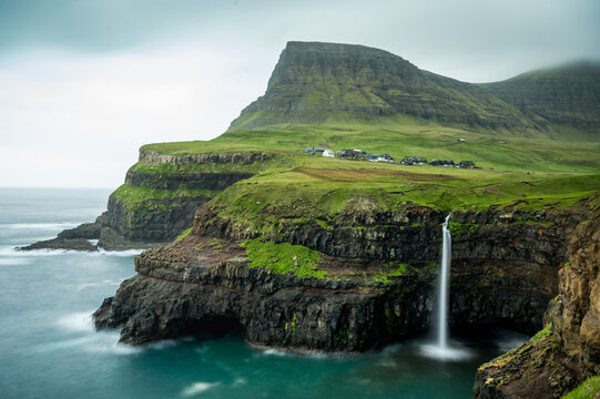 Faroe island waterfall Mulafossur