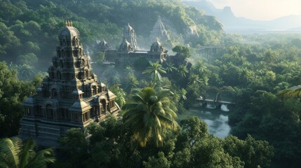 Naklejka premium a ancient Hindu city in the jungle,Hindu Dravidian architecture