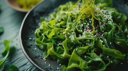 Food with sea veggies. Concept of healthy plant-based edible seaweed food. Vegan edible marine algae super food