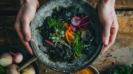 Seaweeds and vegetable salad. Vegetarian organic algae salad. Healthy vegan food , sustainable nutrition concept. - obrazy, fototapety, plakaty