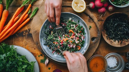 Seaweeds and vegetable salad. Vegetarian organic algae salad. Healthy vegan food , sustainable nutrition concept. - obrazy, fototapety, plakaty