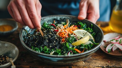 Seaweeds and vegetable salad. Vegetarian organic algae salad. Healthy vegan food , sustainable nutrition concept.