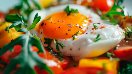 Delicious English breakfast, poached egg with vegetables and herbs.