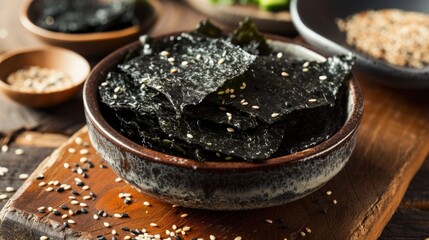Organic natural seaweed chips. Edible algae superfood. Crispy dried nori  seaweed. Healthy sustainable food concept. - obrazy, fototapety, plakaty