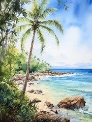 A painting depicting a vibrant tropical beach scene with palm trees swaying under a clear blue sky, capturing the essence of a sunny day by the ocean.