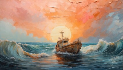 Ship in a storm, painted in watercolor - 739438905