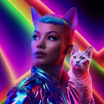Mujer gatuna junto a su gato con la mirada perdida sobre fondo multicolor evocando la igualdad. Generative AI.