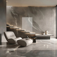 Diseño de sala con escaleras de acceso a parte alta de vivienda en tonos blancos, grises y marrones. Generative AI - obrazy, fototapety, plakaty