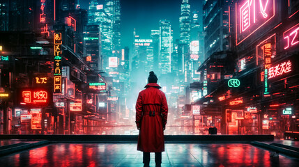 Solitary Figure in Red Overlooking a Vibrant Neon-Lit Metropolis at Night