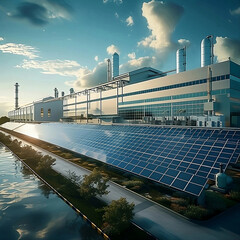 Placas solares alimentando corriente a industrias con cielo semi despejado. Generative AI. - obrazy, fototapety, plakaty