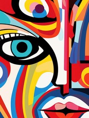 A printable wall art featuring a colorful abstract painting of a womans face, with intricate multicolored lines creating a unique and modern aesthetic.
