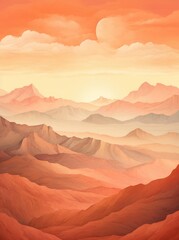 A painting depicting a vibrant sunset casting warm hues over a majestic mountain range, capturing the beauty of nature.
