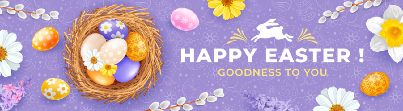 Easter banner template with cute colored eggs in the nest, spring flowers, pussy willow twigs on light purple background with hand drawn pattern on Easter theme and greeting text. Vector illustration