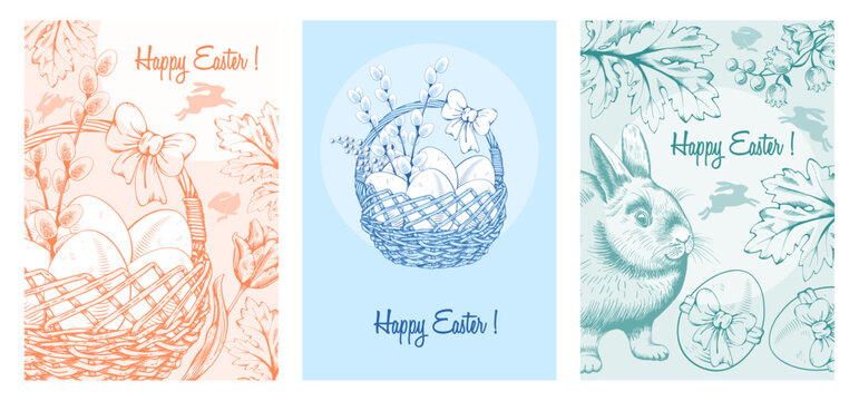 Easter vertical banners or greeting card templates with eggs in basket, hand drawn spring flowers, rabbit on light background with greeting text. Vintage style. Vector illustration