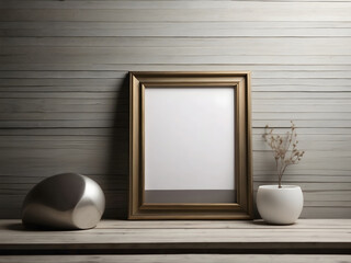 Close-up of a blank frame with a background design, an empty frame on a floral-filled table design.
