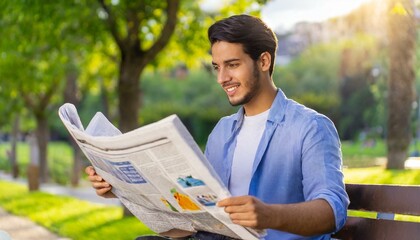 An Indian business person sitting and reading a newspaper with a surprised expression in a park. A young business student smiles while reading the daily news on a bench. - obrazy, fototapety, plakaty
