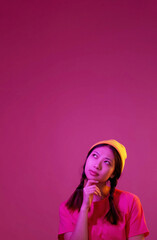 Creative thinking solution search woman hand chin