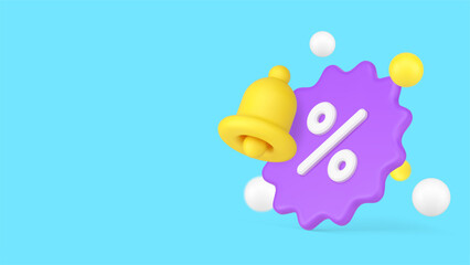 Shopping sale discount reminder with ring bell banner copy space 3d icon realistic vector