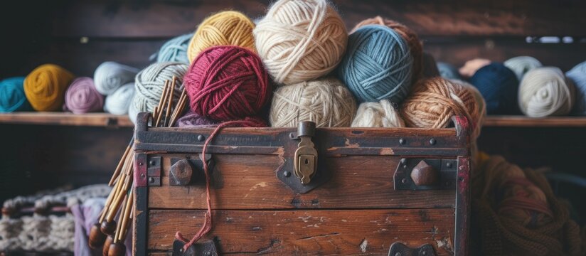 Rustic wooden box filled with colorful yarn skeins and scissors for crafting and knitting