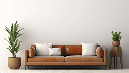 Interior living room wall mockup with leather sofa
