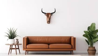 Foto op Aluminium Interior living room wall mockup with leather sofa © rida