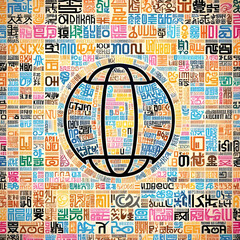 The image features a globe surrounded by many different languages.