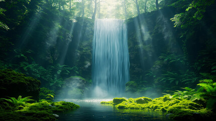 Majestic Hidden Waterfall in a Lush Green Forest Bathed in Soft Sunlight