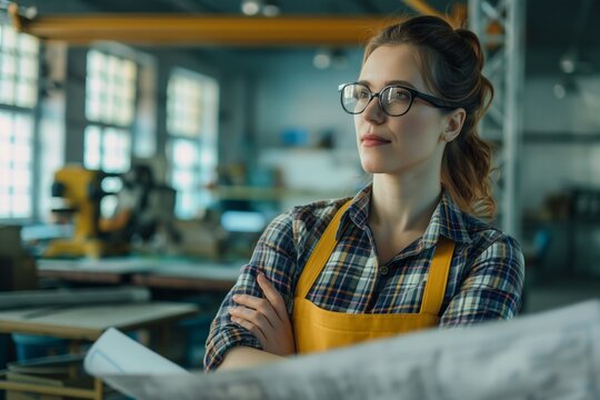 A woman in a workshop holding blueprints