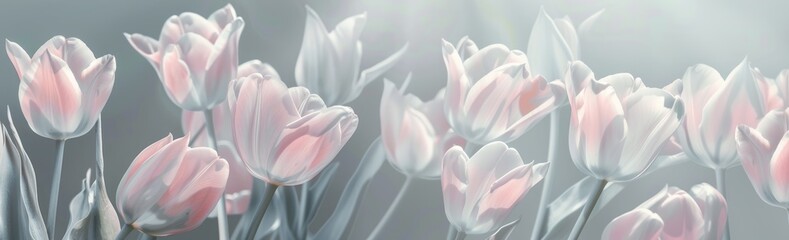 banner delicate Pink tulips on gentle grey background, spring symbol concept, background for congratulations