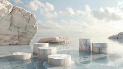 Reflective waters and marble structures against a mountainous backdrop, template ideal for product display