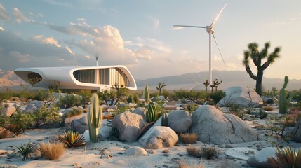 Sustainable living modern home amidst desert flora under vast skies