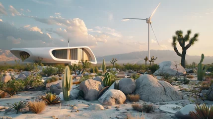 Schilderijen op glas Sustainable living modern home amidst desert flora under vast skies © pier