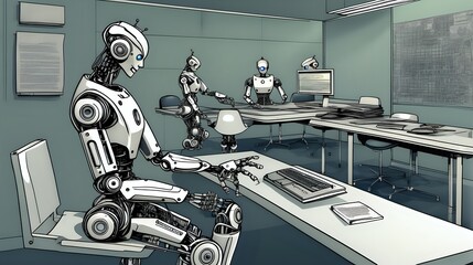 An illustration depicting a humanoid robot engaged in advanced problem-solving using artificial intelligence.