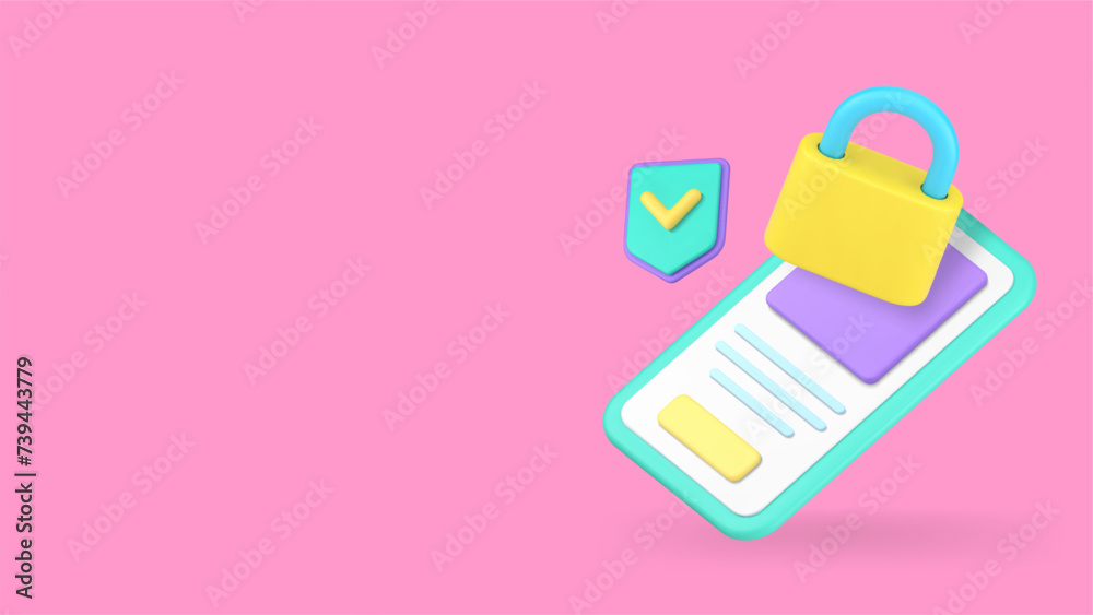 Poster smartphone data security system verification app banner with copy space 3d icon realistic vector