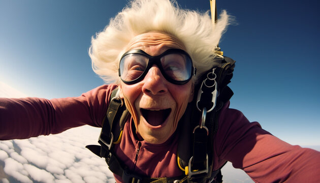 Old woman taking selfie shot while sky diving