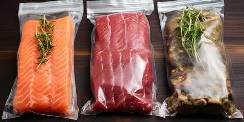 Various raw meats vacuumsealed for sous vide cooking including beef chicken and salmon. Concept Sous Vide Cooking, Raw Meats, Beef, Chicken, Salmon